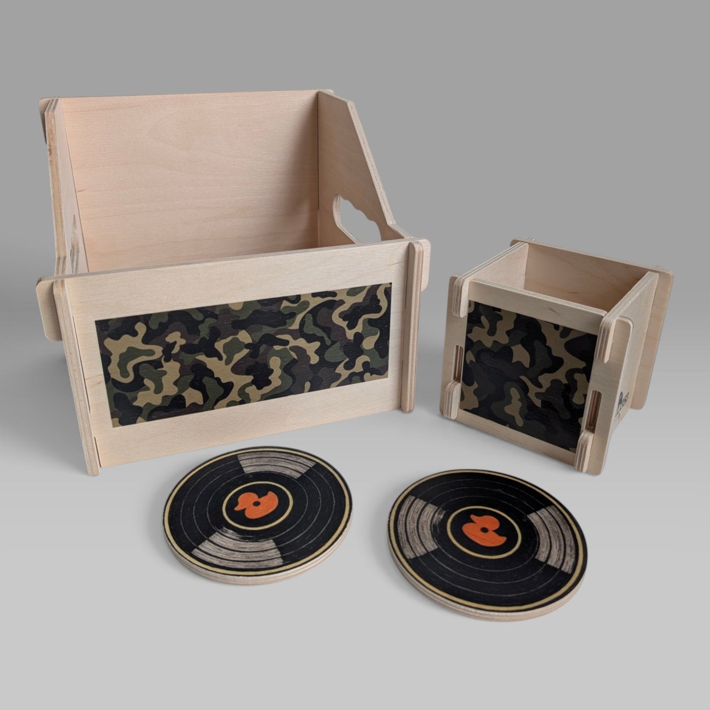 7-INCH RECORDS CRATE + BOX + TWO COASTERS "CAMO" SET