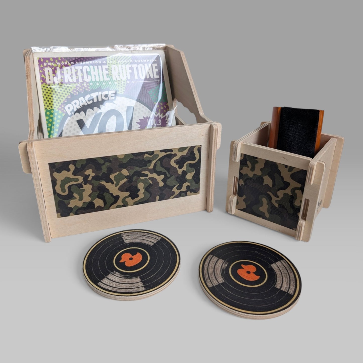 7-INCH RECORDS CRATE + BOX + TWO COASTERS "CAMO" SET